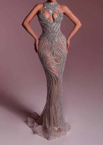 Meisner Sequin Rhinestone Mesh Maxi Dress