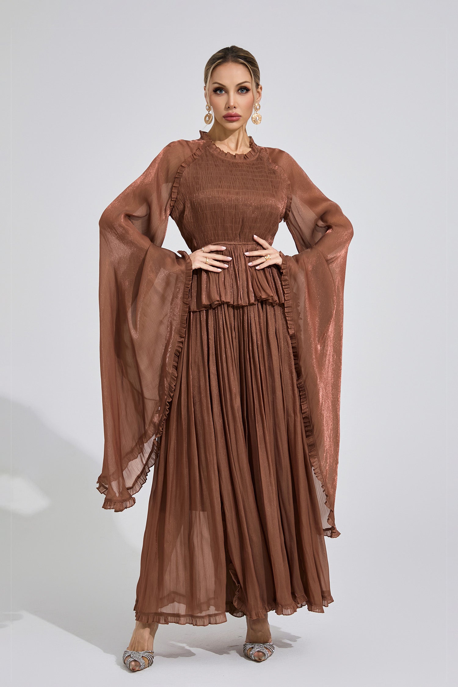 flounce maxi dress Saelthorn Brown Flounce Maxi Dress – Night Novas