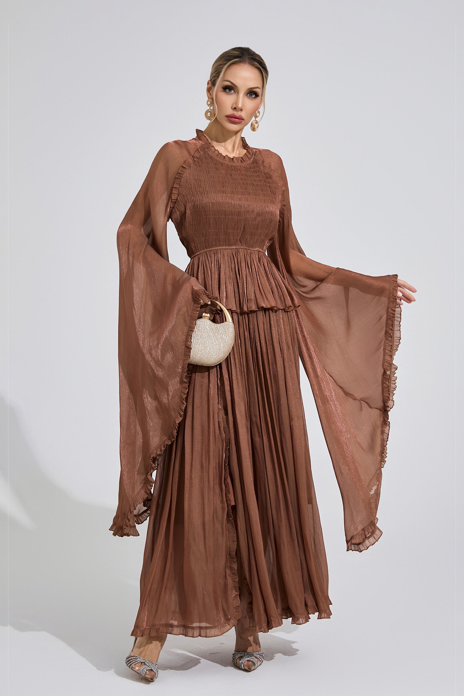Saelthorn Brown Flounce Maxi Dress – Night Novas Saelthorn Brown Flounce Maxi Dress – Night Novas