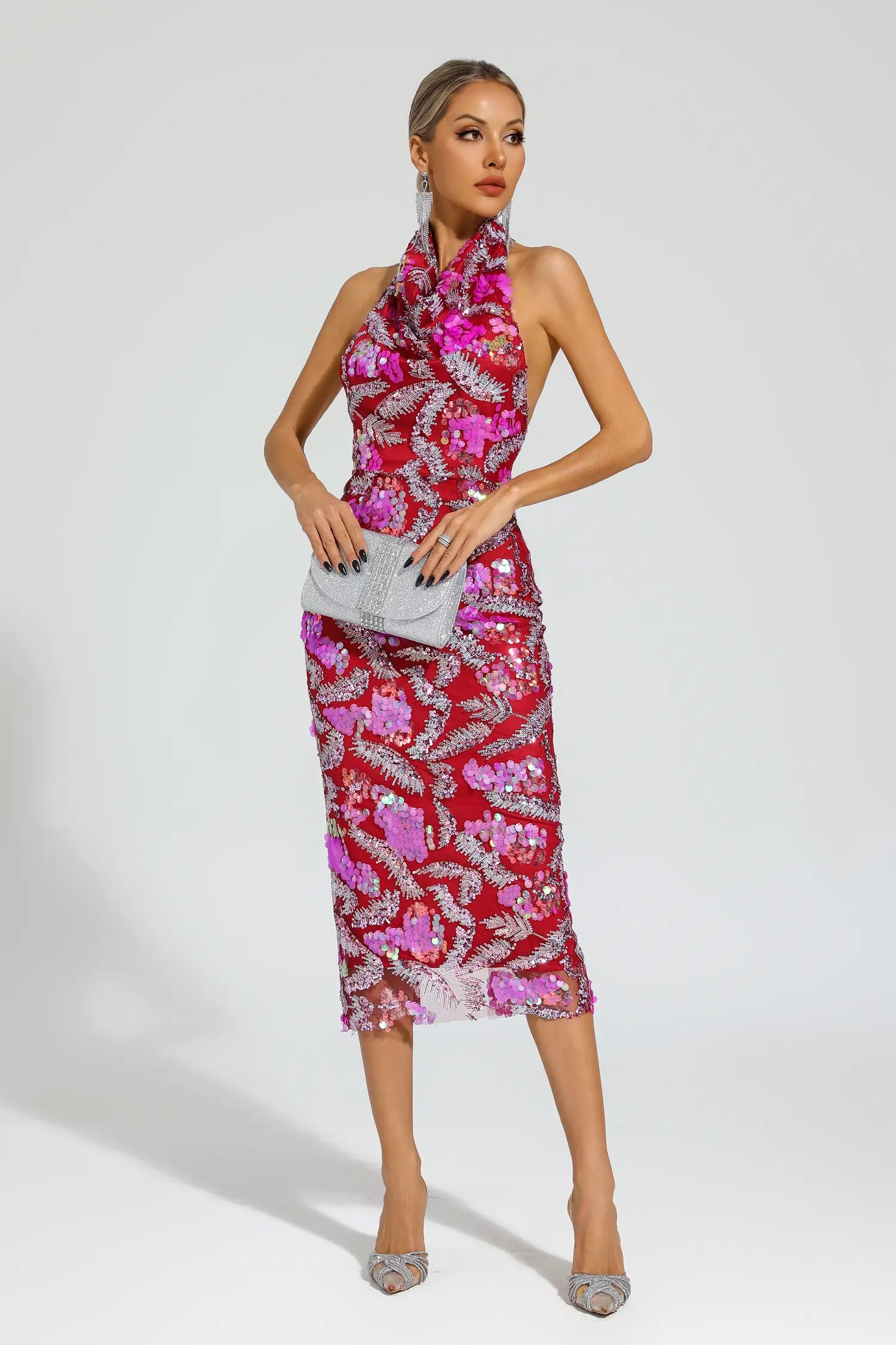 Aocoa Rose Red Sequins Halter Dress