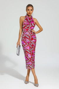 Aocoa Rose Red Sequins Halter Dress