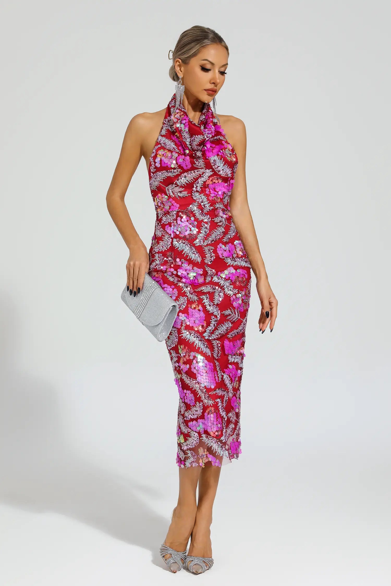 Strachey Rose Red Sequins Halter Dress