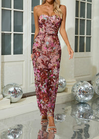 Ereni Strapless Flower Sequin-embellished Mesh Dress in Red