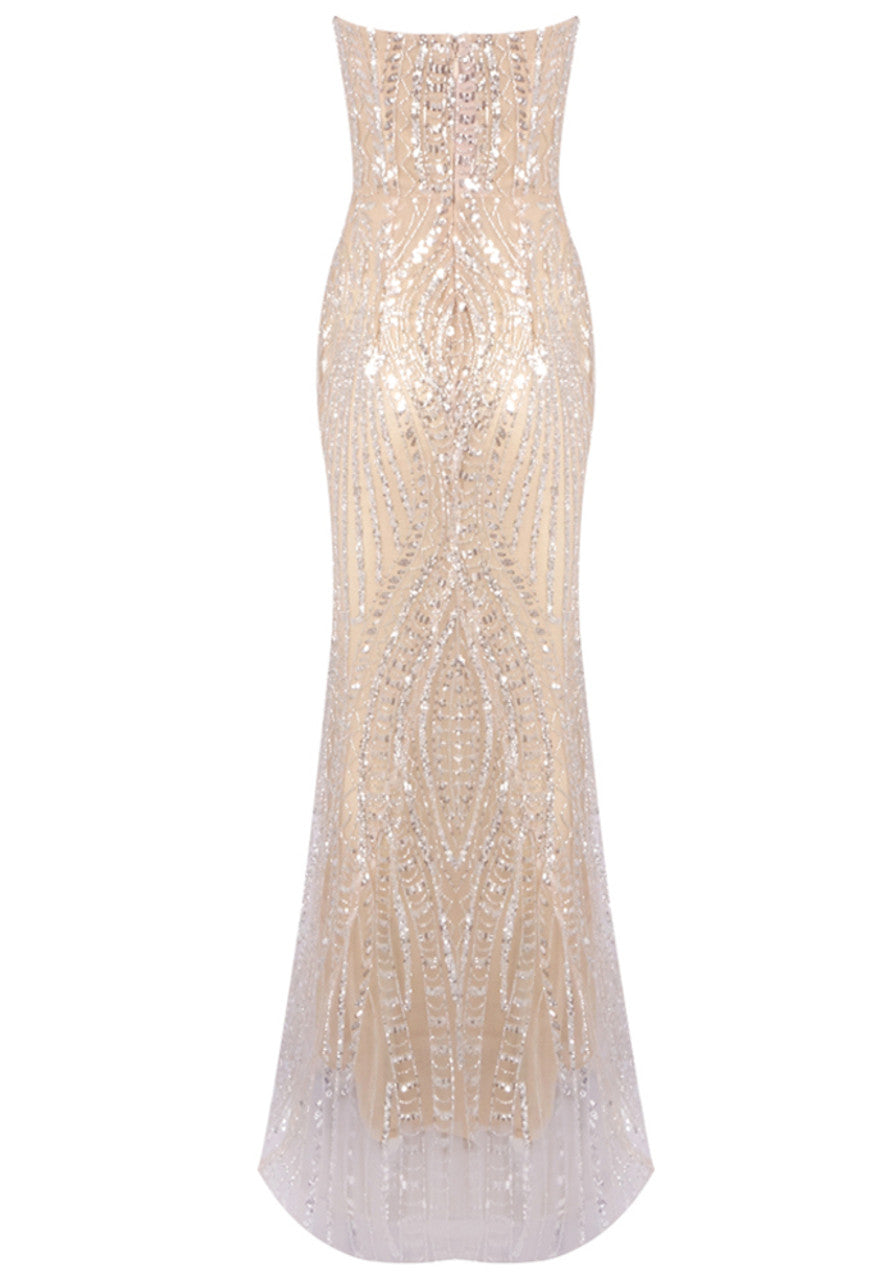 Elyzor Strapless Crystal Sequin Maxi Dress In Nude