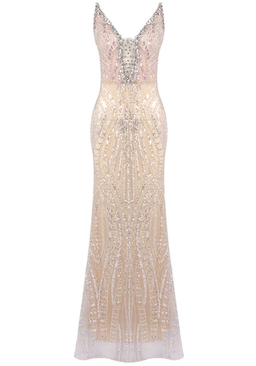 Elyzor Strapless Crystal Sequin Maxi Dress In Nude