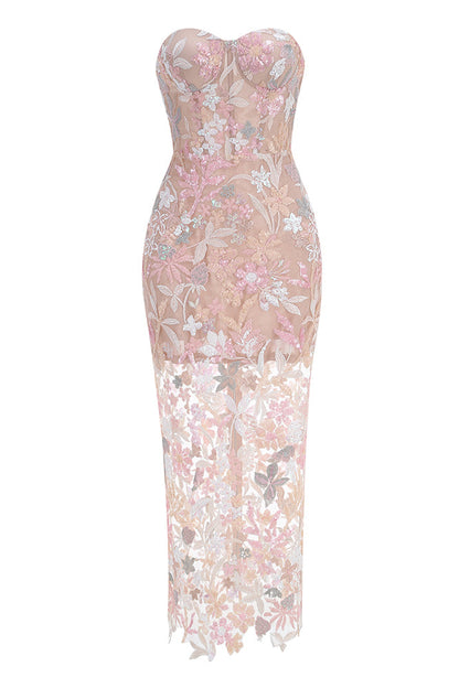 Ereni Strapless Flower Sequin-embellished Mesh Dress in Pink