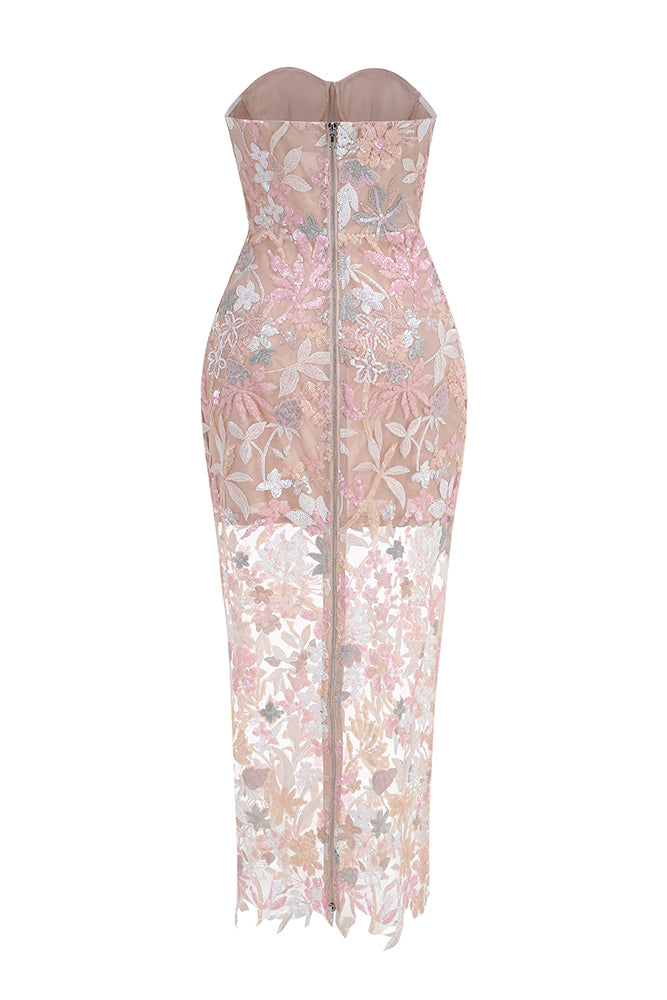 Ereni Strapless Flower Sequin-embellished Mesh Dress in Pink