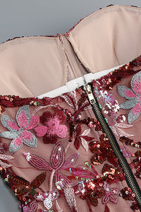 Ereni Strapless Flower Sequin-embellished Mesh Dress in Red