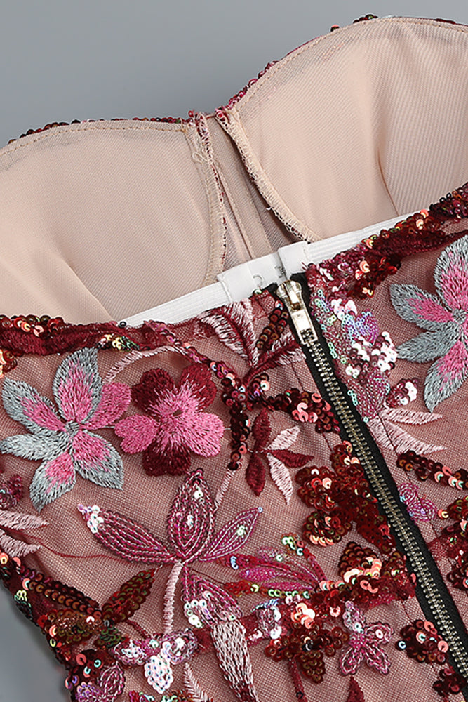 Ereni Strapless Flower Sequin-embellished Mesh Dress in Red