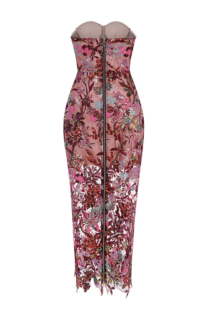 Ereni Strapless Flower Sequin-embellished Mesh Dress in Red