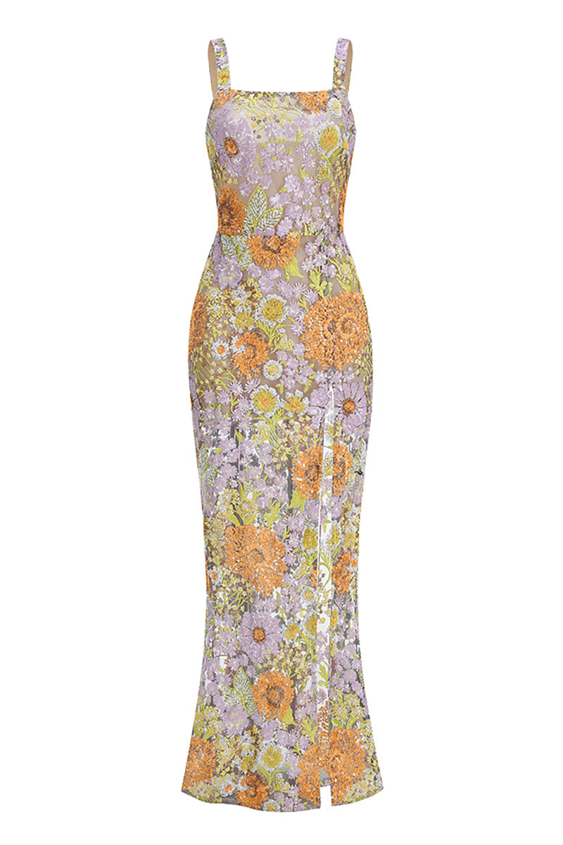 Ashhelm Strappy Sequin Floral-Embroidered Maxi Dress