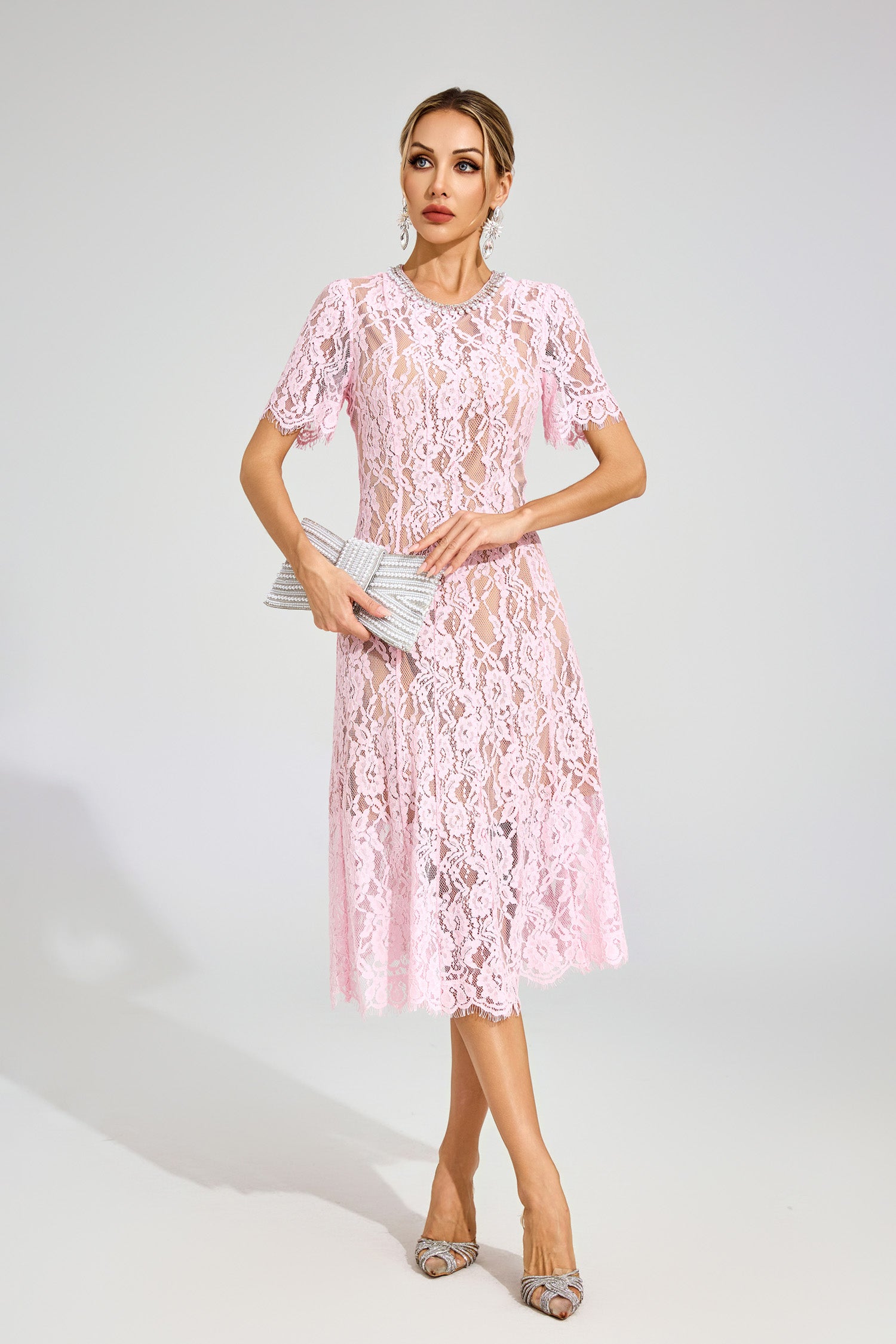 Fyrene Cutout Lace Midi Dress In Pink
