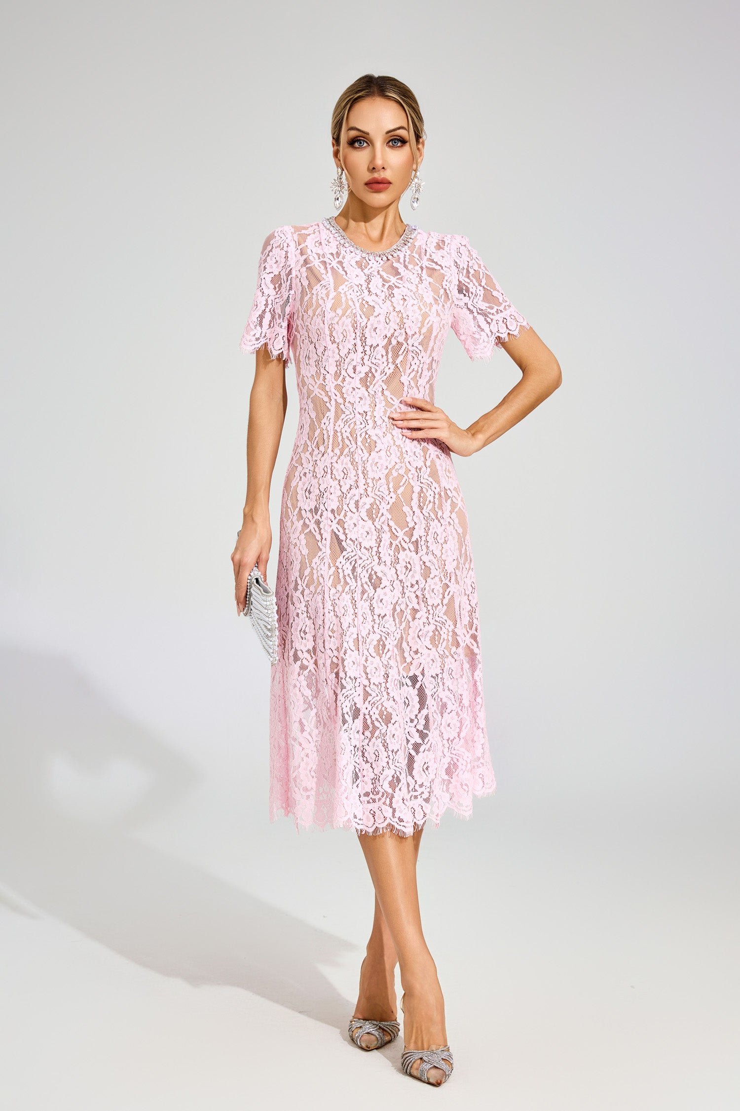 Fyrene Cutout Lace Midi Dress In Pink
