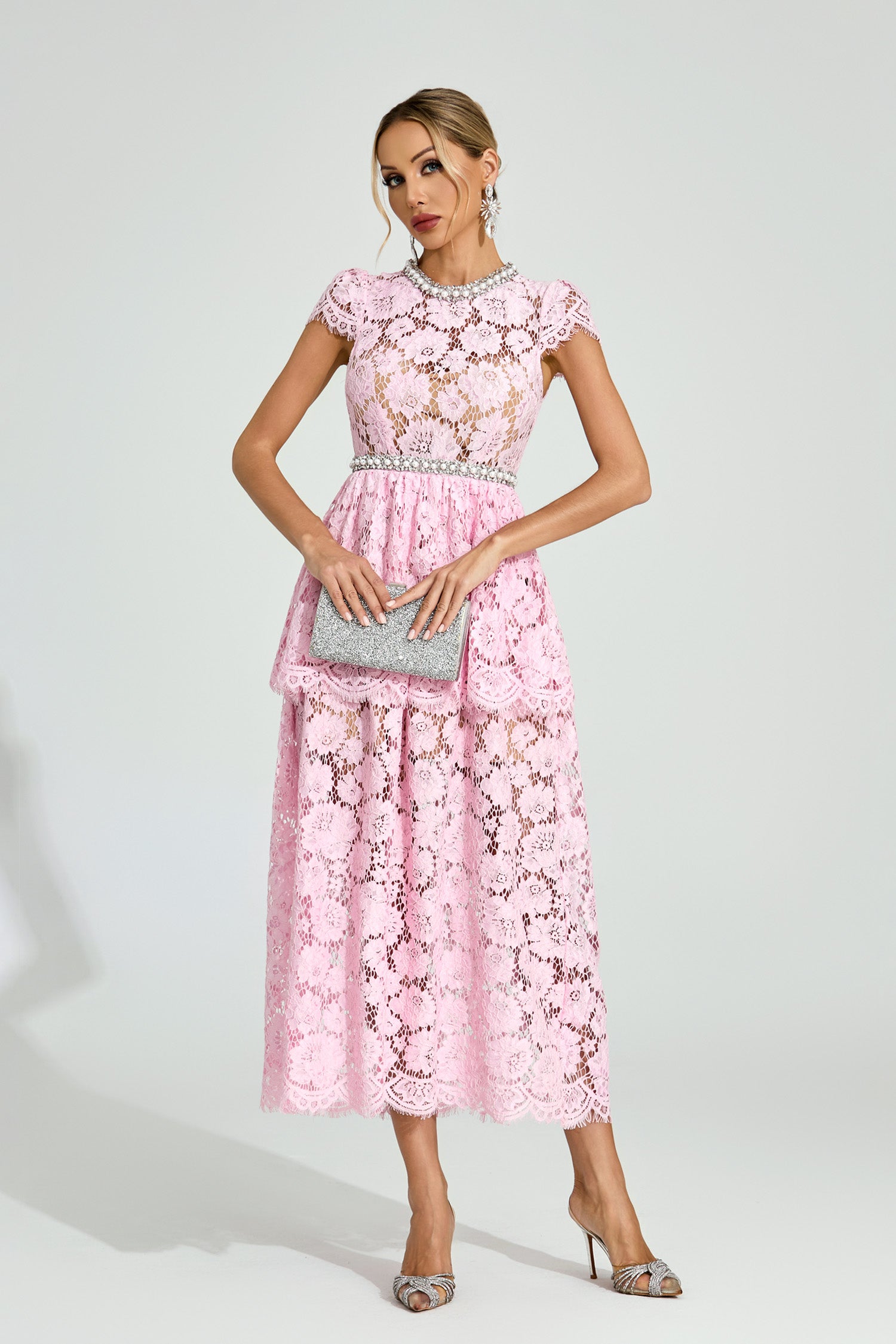 Fyraza Lace Embellished Maxi Dress In Pink