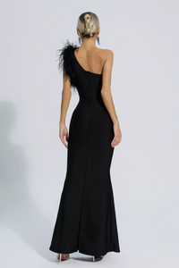 Geena One Shoulder Feather Bandage Dress In Black