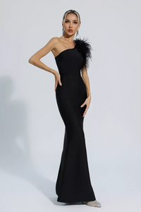 Geena One Shoulder Feather Bandage Dress In Black
