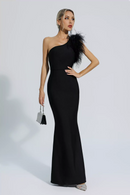Geena One Shoulder Feather Bandage Dress In Black