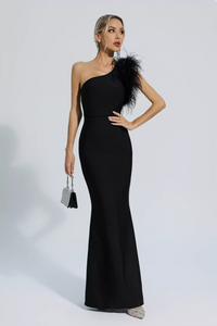 Geena One Shoulder Feather Bandage Dress In Black