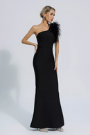 Geena One Shoulder Feather Bandage Dress In Black