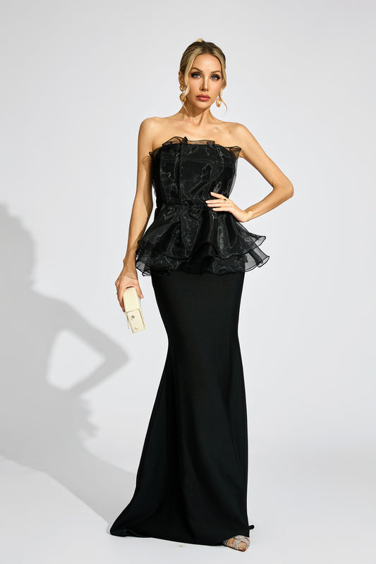 Feyren Peplum Evening Maxi Dress In Black