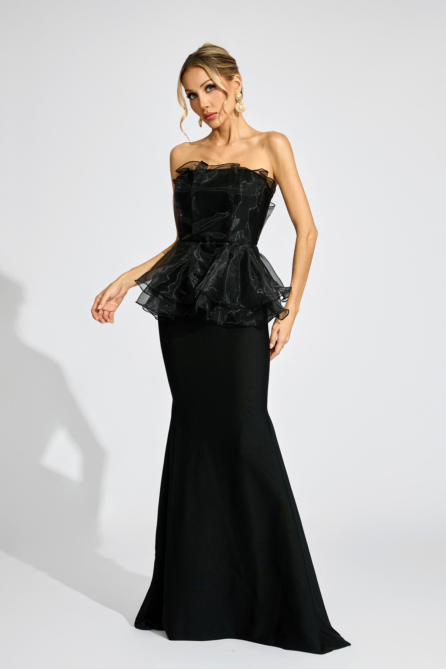 Feyren Peplum Evening Maxi Dress In Black