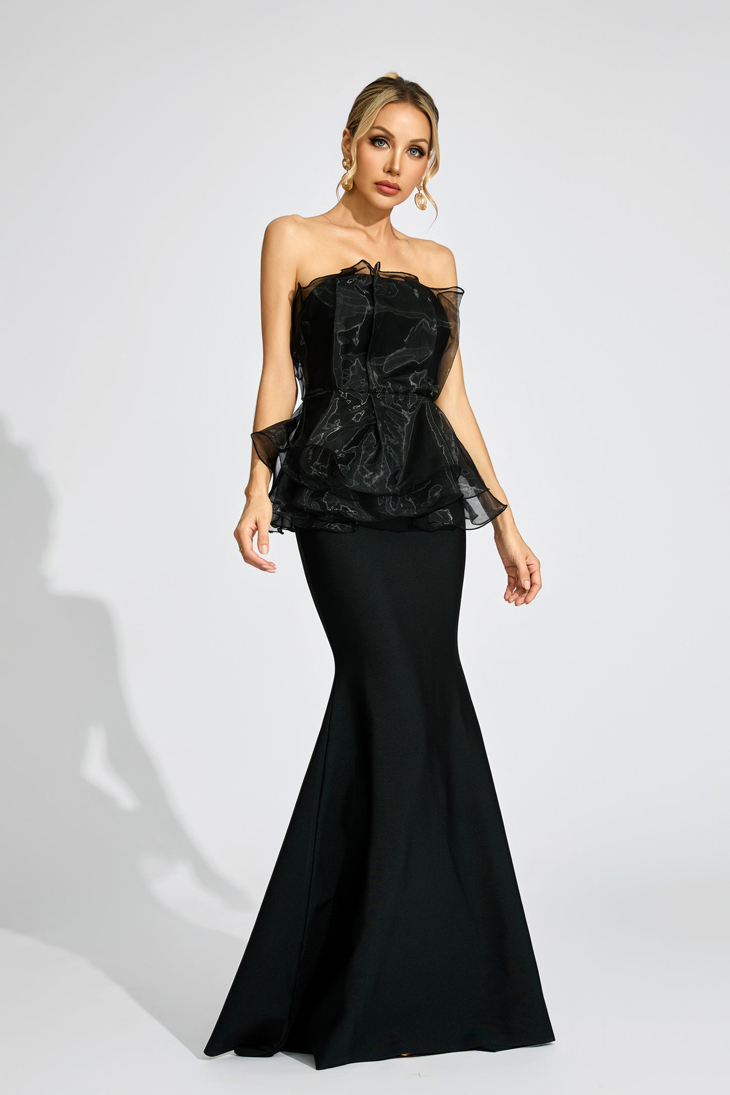Feyren Peplum Evening Maxi Dress In Black