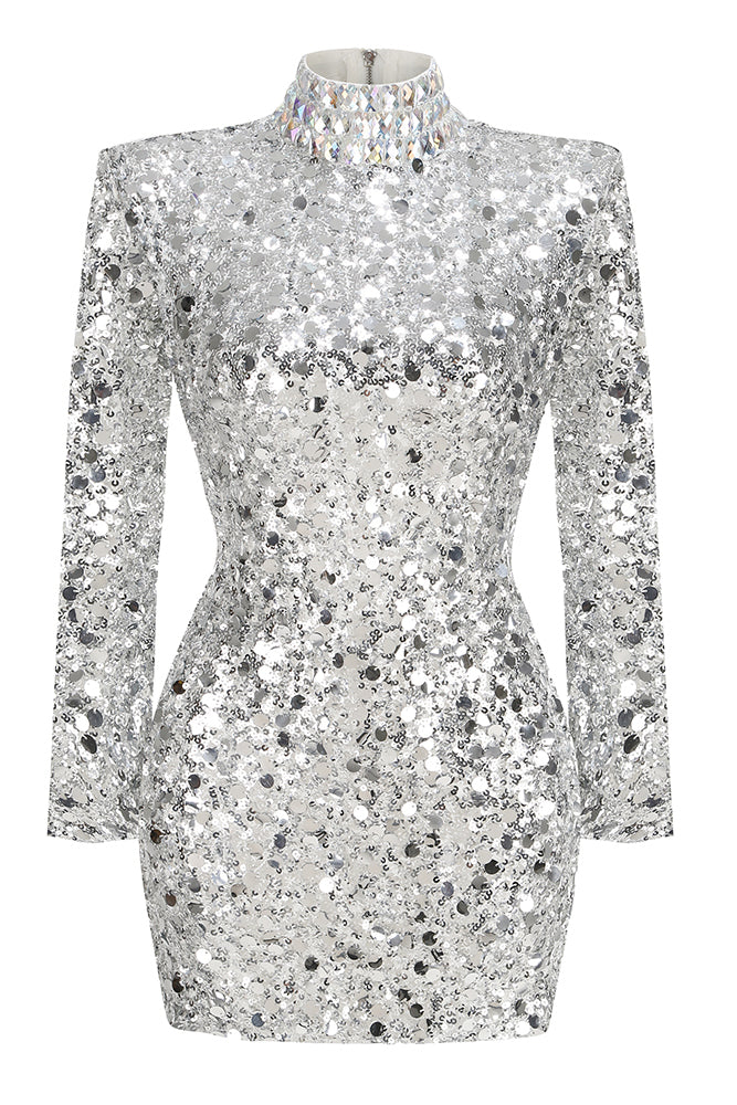 Hitka Rhinestone Sequin Embroidered Dress In Silver