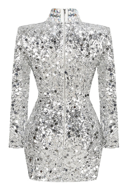 Hitka Rhinestone Sequin Embroidered Dress In Silver