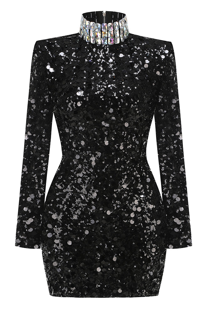 Hitka Rhinestone Sequin Embroidered Dress In Black