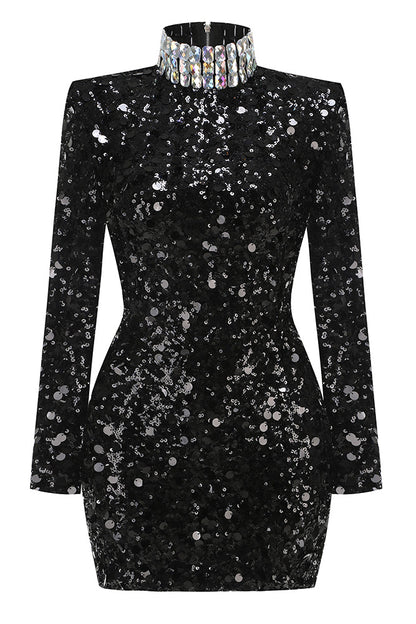 Hitka Rhinestone Sequin Embroidered Dress In Black