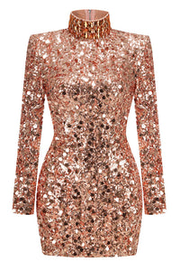 Hitka Rhinestone Sequin Embroidered Dress In Gold