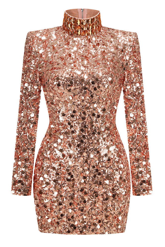 Hitka Rhinestone Sequin Embroidered Dress In Gold