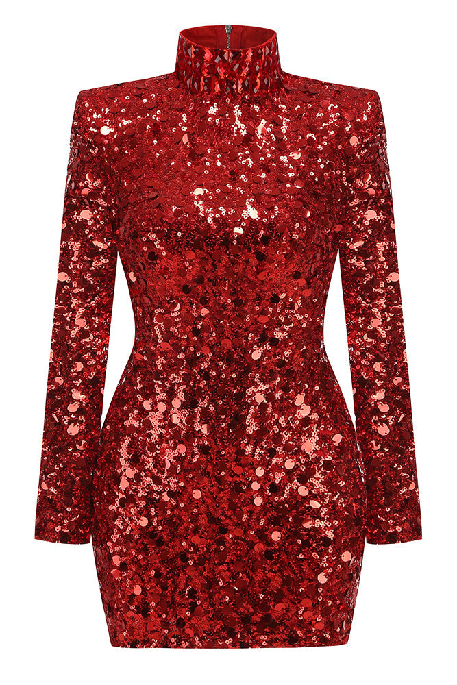 Hitka Rhinestone Sequin Embroidered Dress In Red