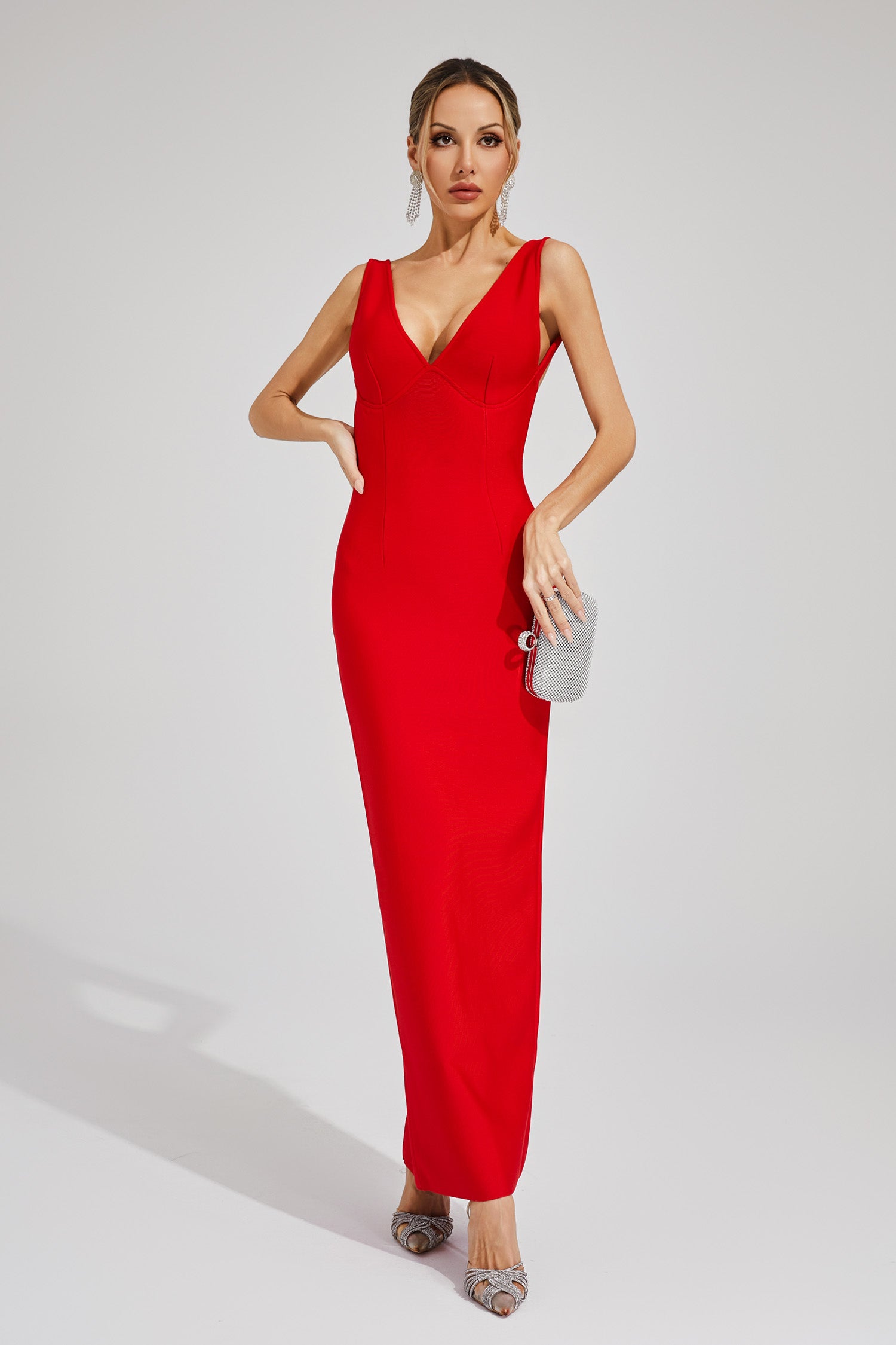 Pepita Backless V-neck Bandage Maxi Dress In Red