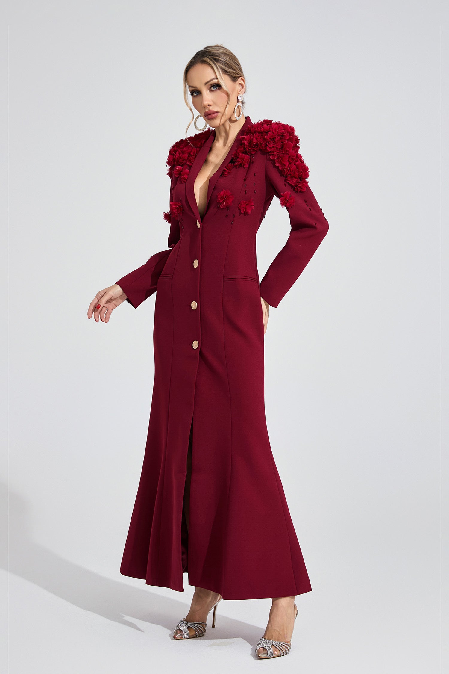 Vaeloric Wine Red Floral Maxi Dress