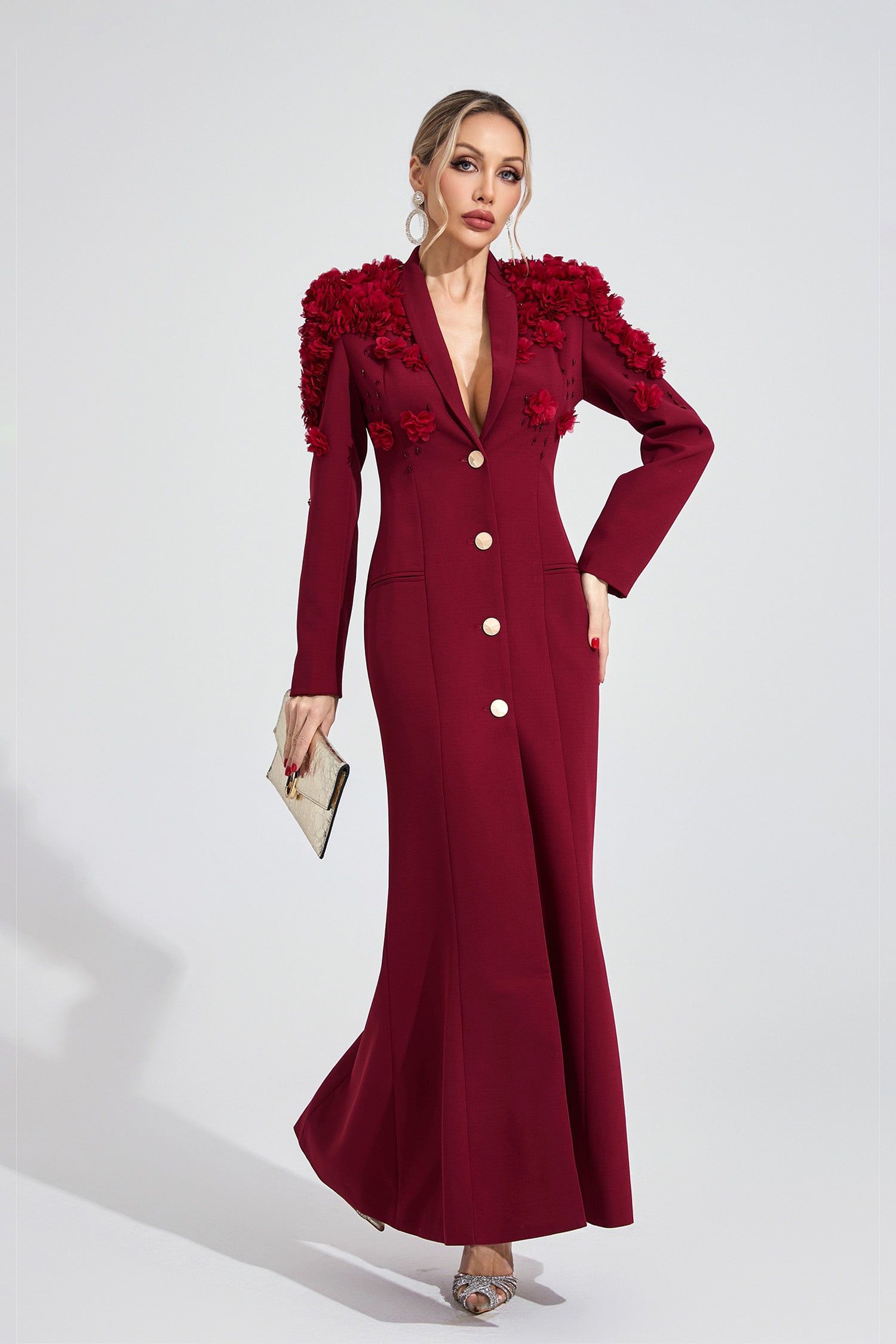 Vaeloric Wine Red Floral Maxi Dress