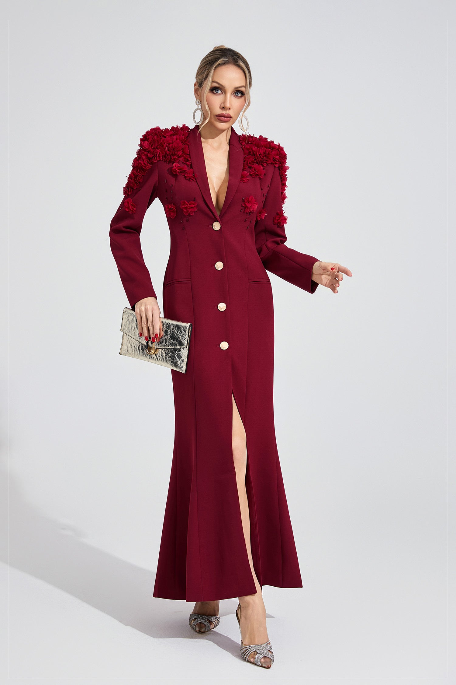 Vaeloric Wine Red Floral Maxi Dress