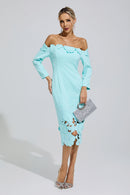 Givessa Green Off-Shoulder Embroidered Midi Dress