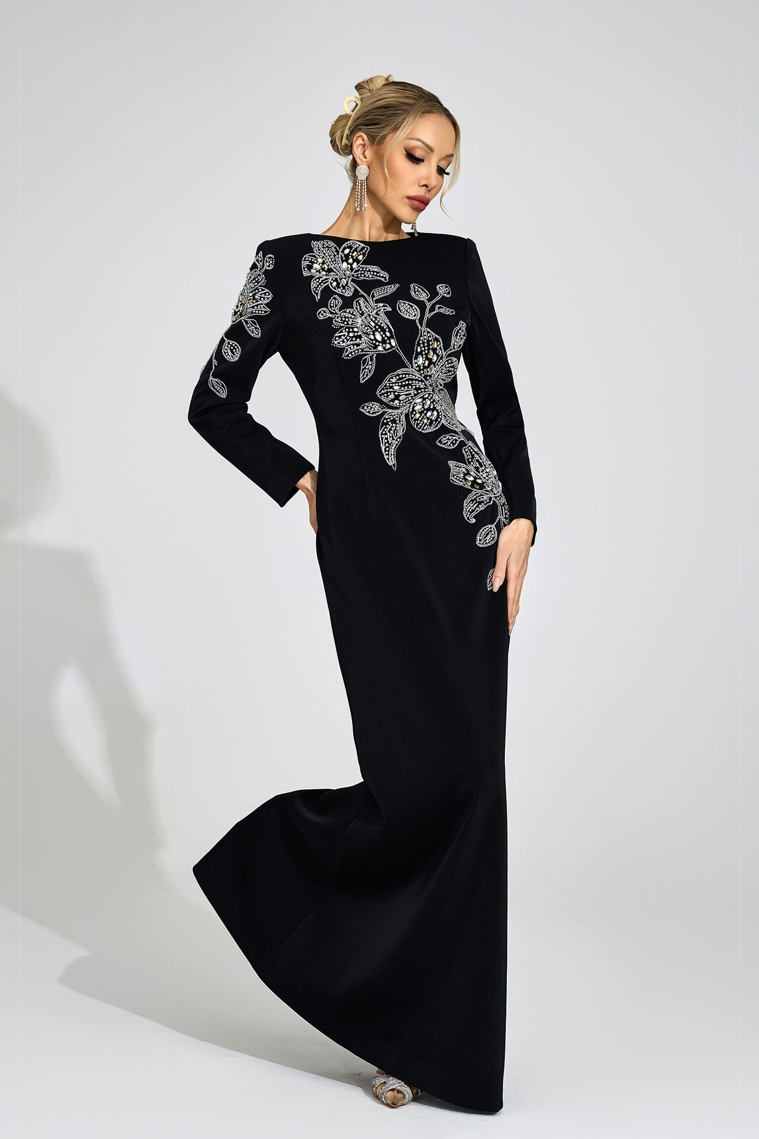 Romaine Black Embroidered Maxi Dress