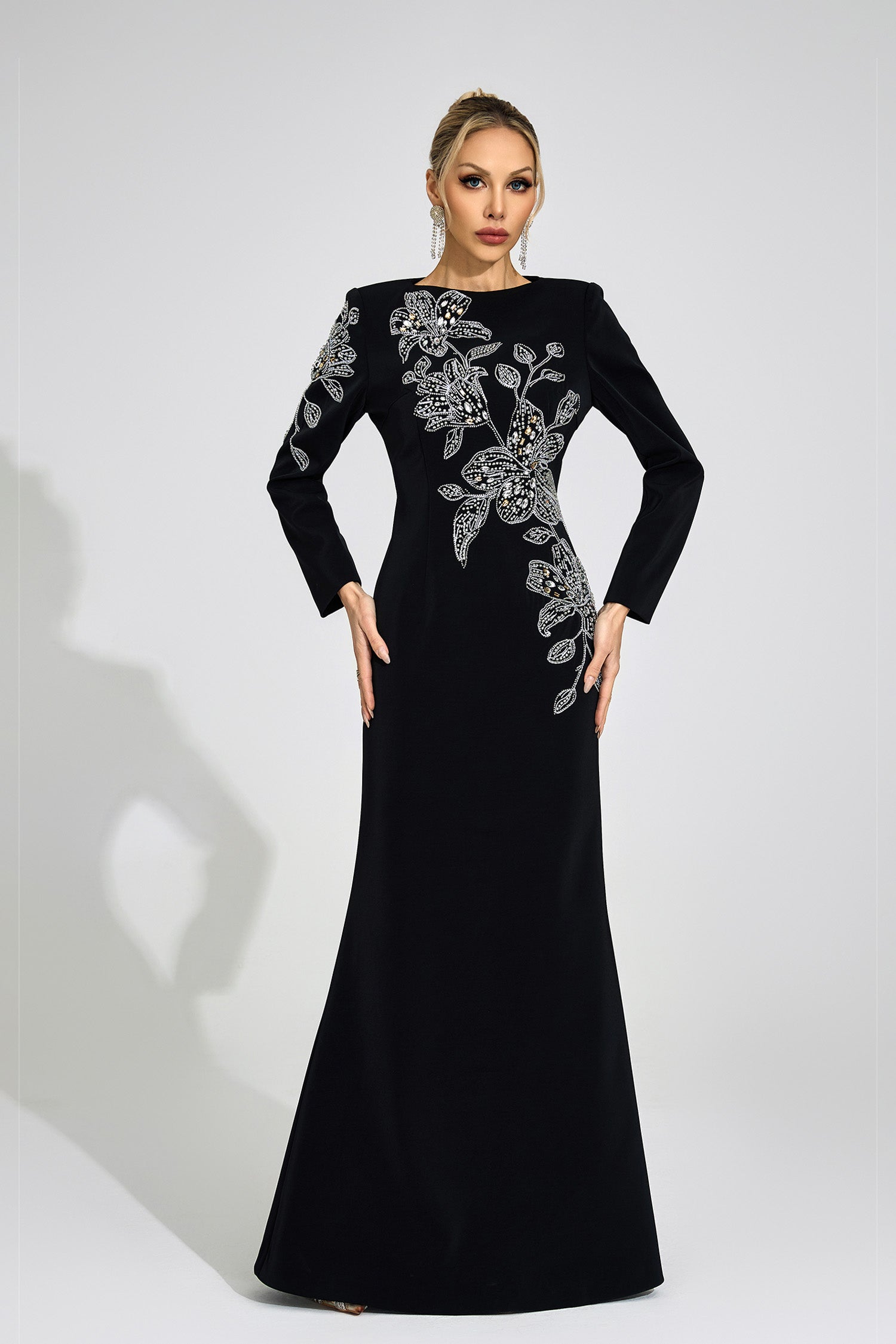 Romaine Black Embroidered Maxi Dress