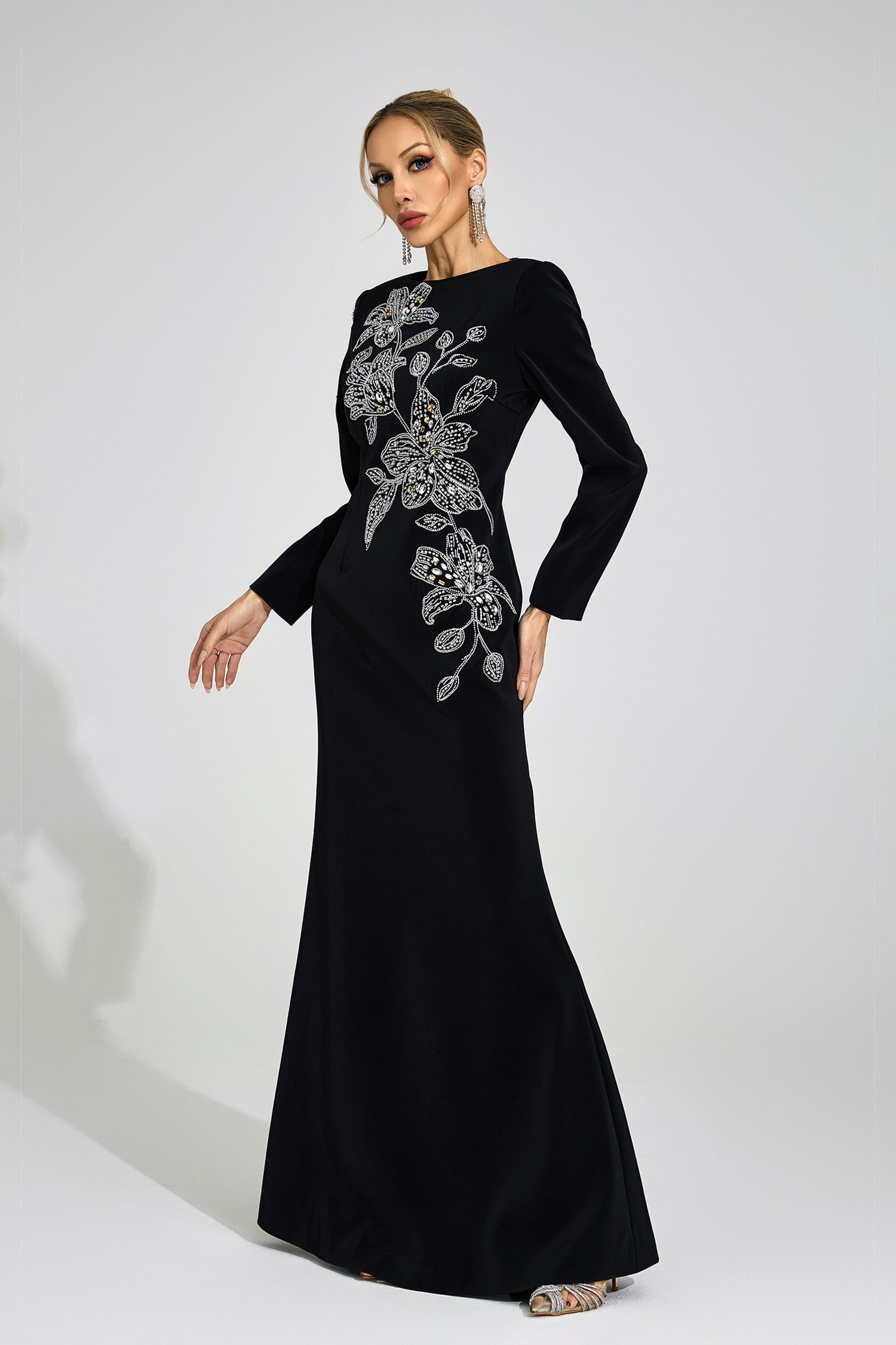 Romaine Black Embroidered Maxi Dress