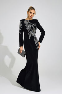 Romaine Black Embroidered Maxi Dress