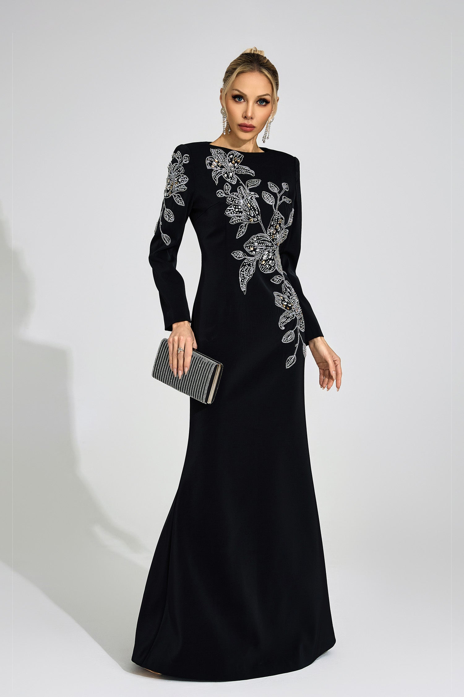 Romaine Black Embroidered Maxi Dress