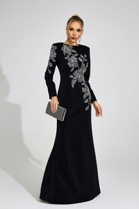 Romaine Black Embroidered Maxi Dress