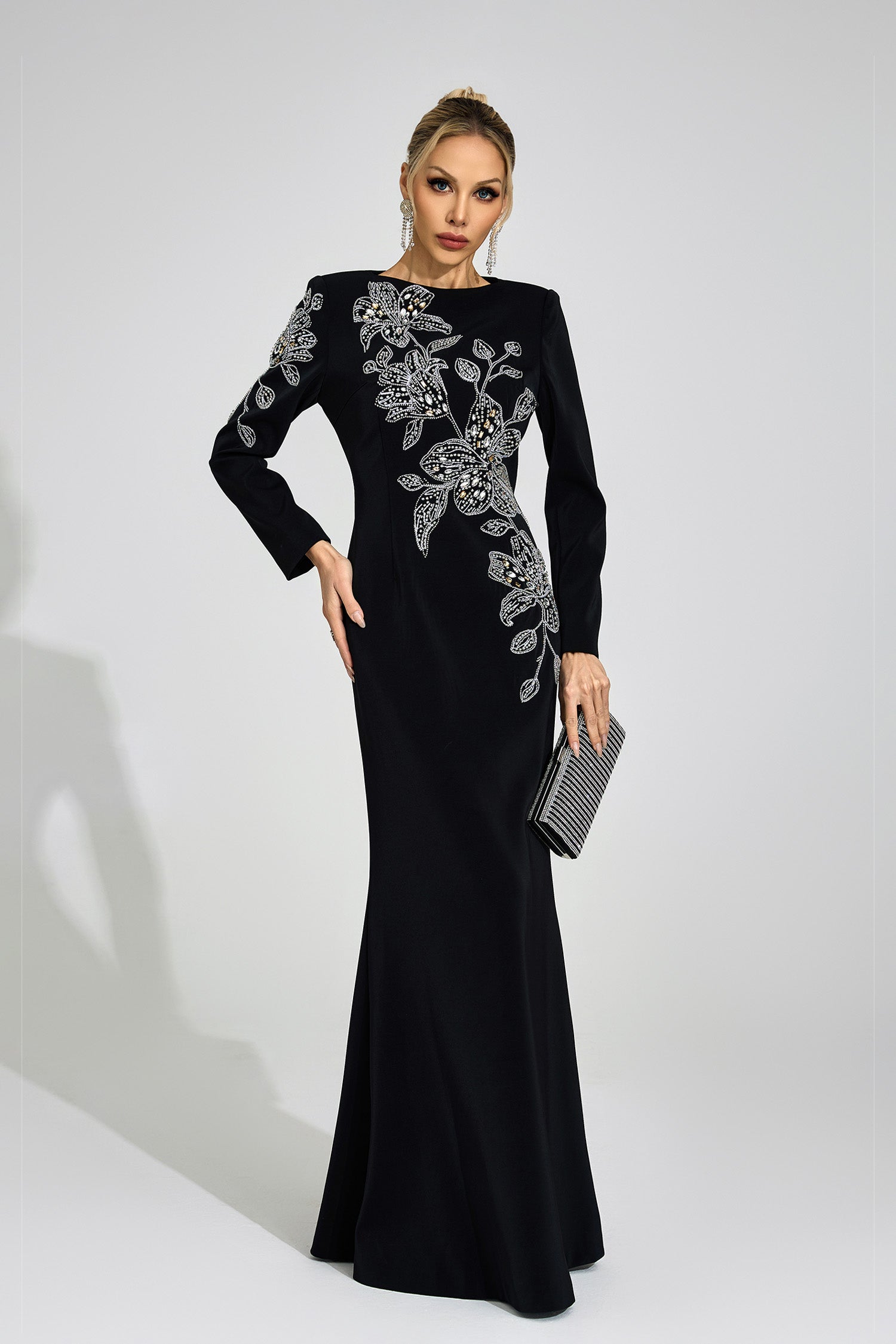 Romaine Black Embroidered Maxi Dress