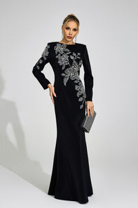 Romaine Black Embroidered Maxi Dress