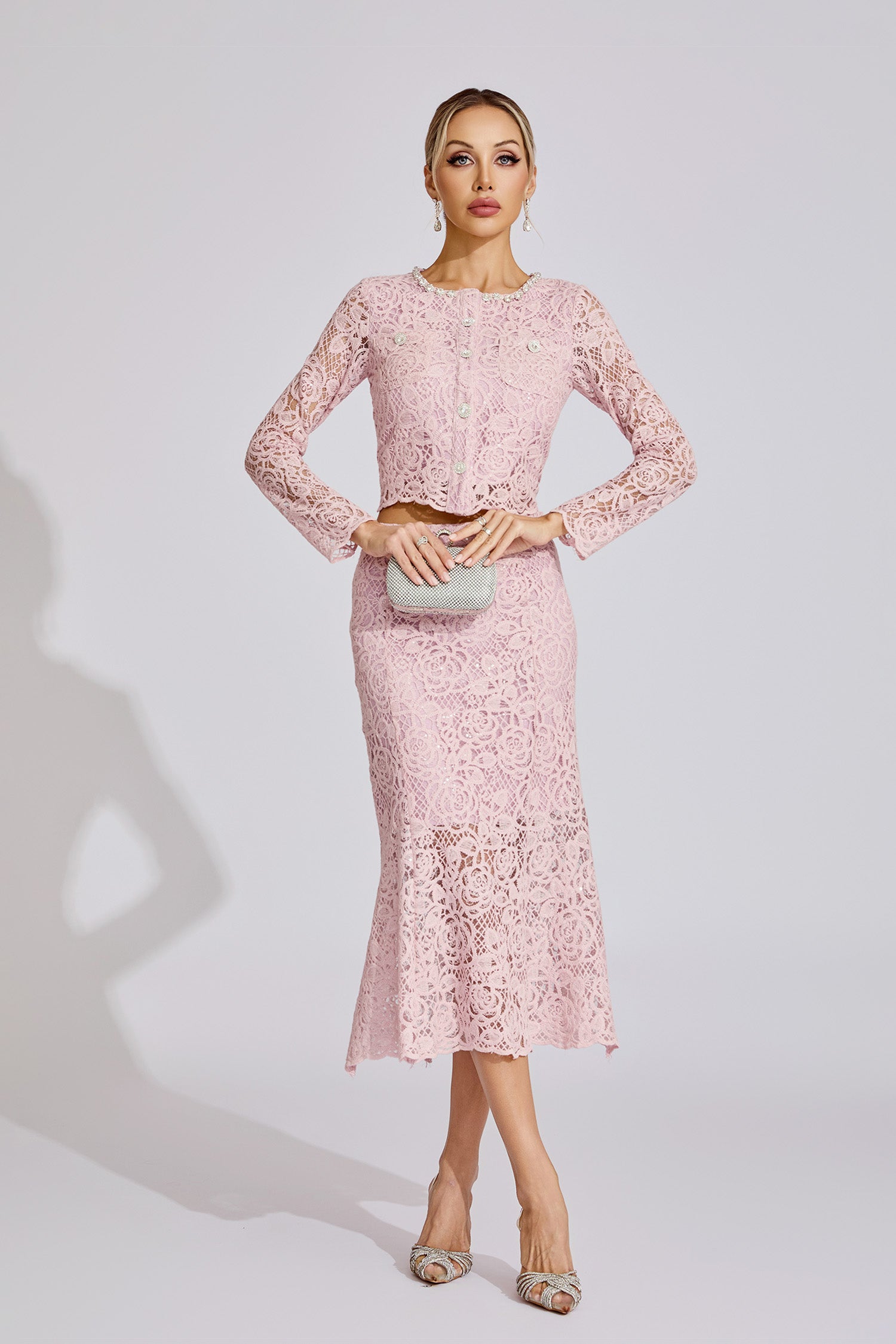 Malec Diamond Embroidered Two-Piece Set In Pink