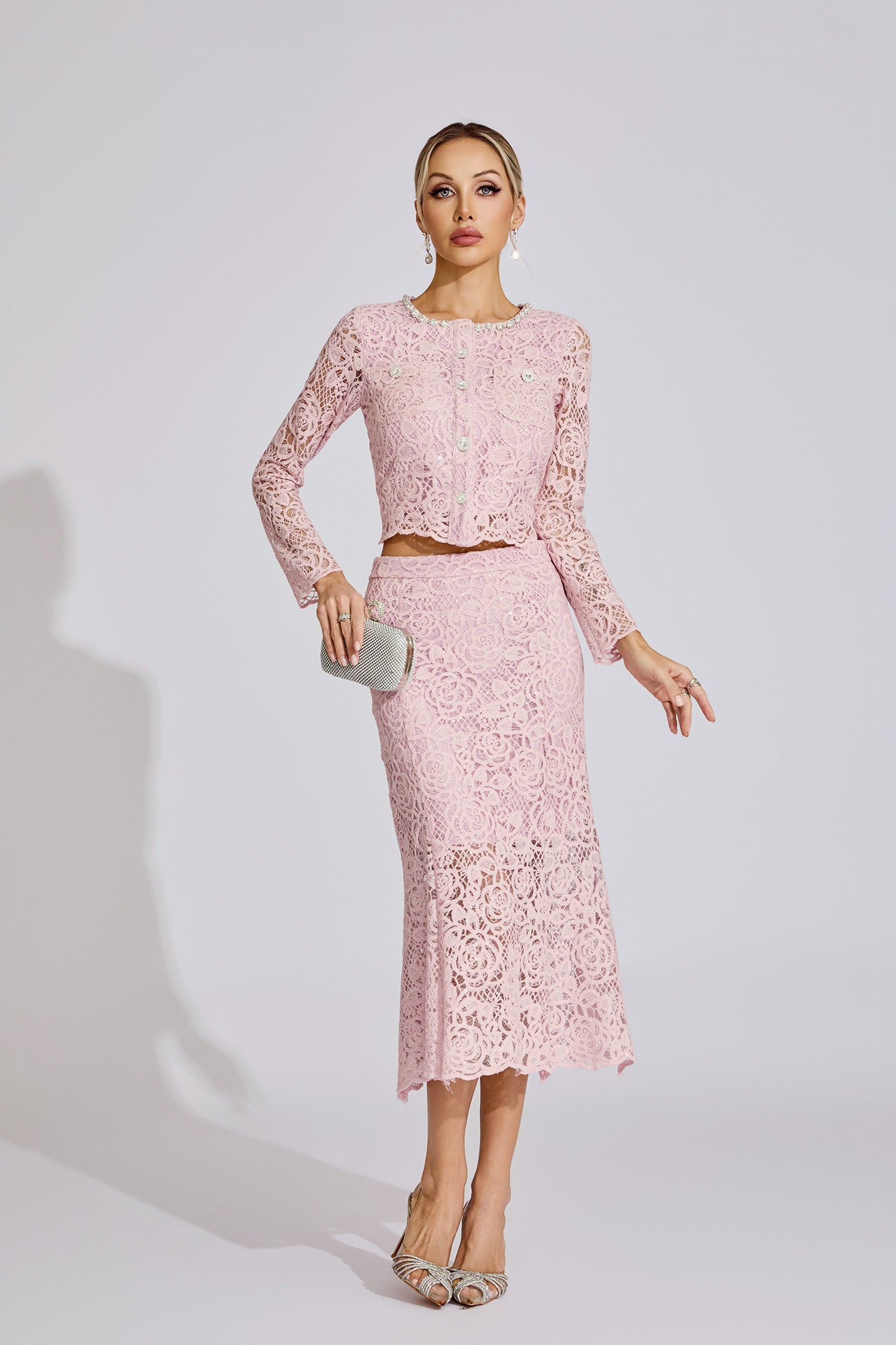 Malec Diamond Embroidered Two-Piece Set In Pink