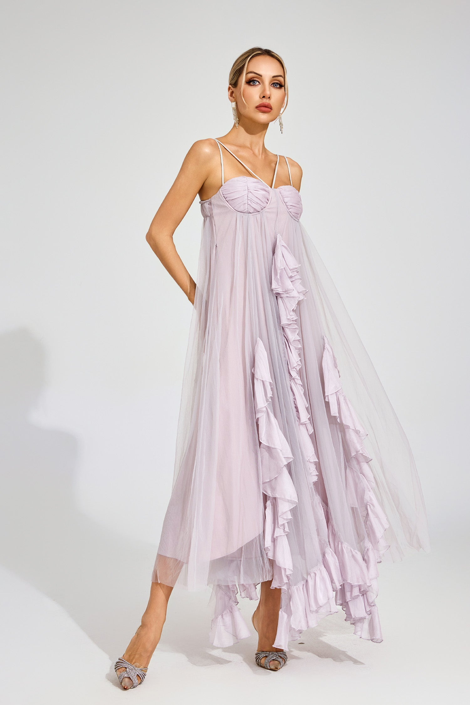 Eryxel Slit Mesh Maxi Dress In Purple