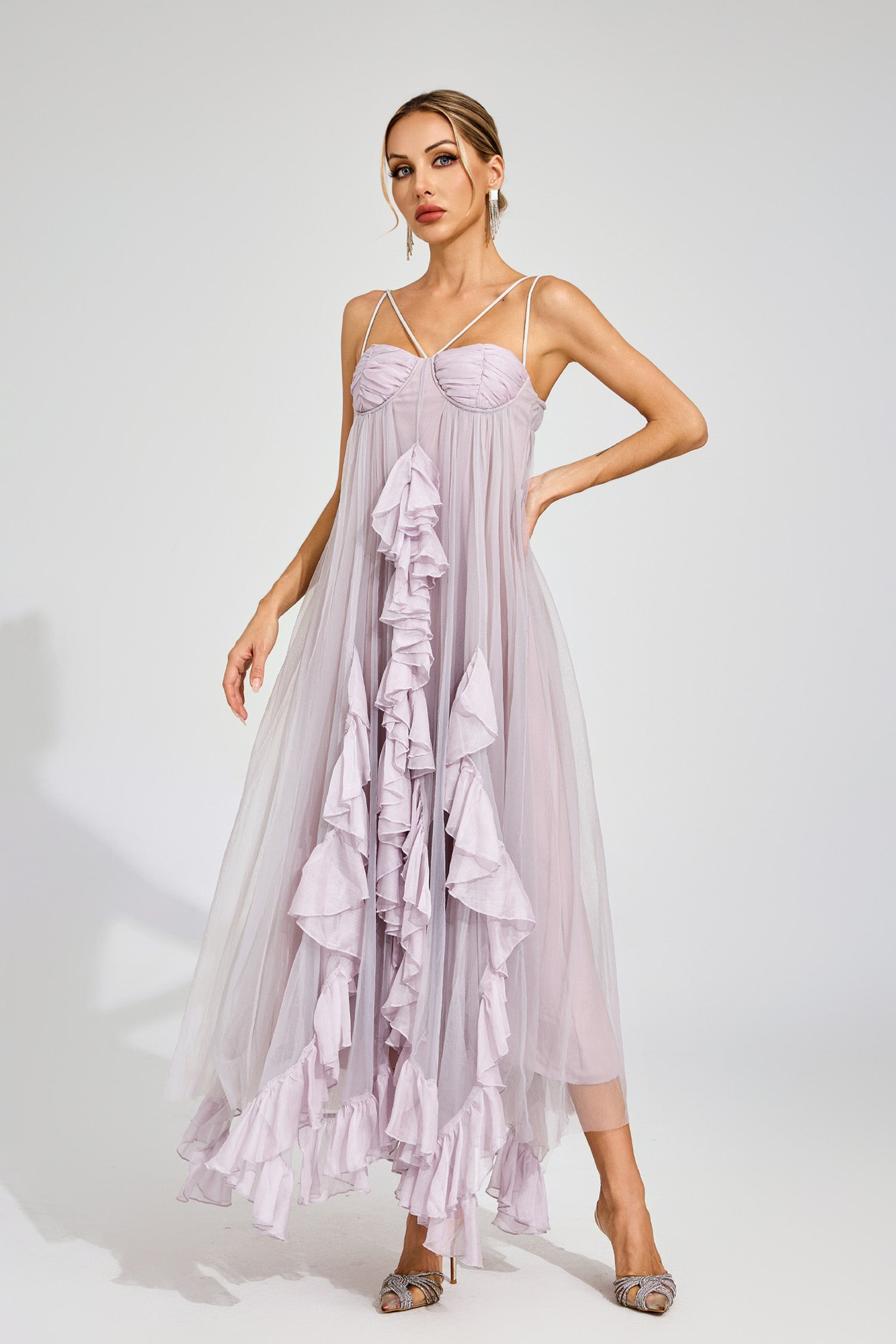 Eryxel Slit Mesh Maxi Dress In Purple